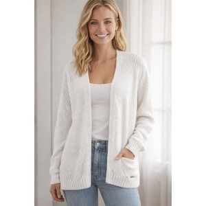 Hollister Women's Medium White Open Front Knit Cardigan Sweater Textured cottage